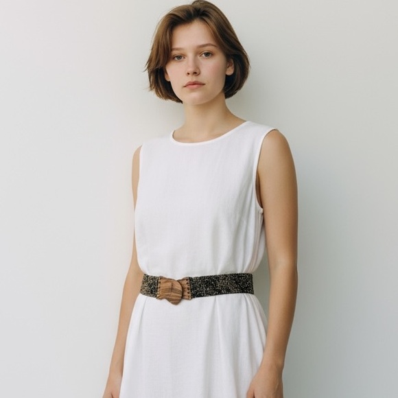 Accessories - Elastic Black & Gold Beaded Belt with Wooden Buckle